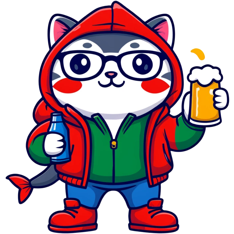 Catfish wearing a red hooded winter jacket, round glasses, blue jeans, red boots, holding a beer can with red label emoji