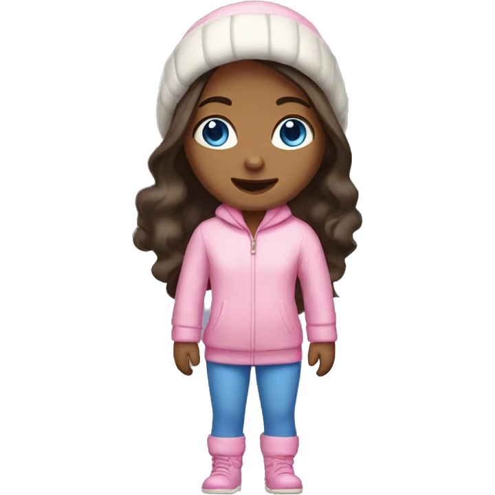 A dark-haired girl with long hair with fair skin and blue eyes in a winter pink jumpsuit emoji