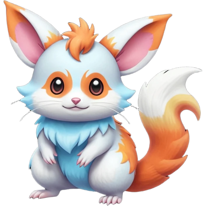  Shiny iridescent light warmly colored reddish-orange-gold-gradients neon vibrant bioluminescent colorful flourishing flurry fuzzy Absol-Minccino-Furret-Zangoose-Chinchilla-Stitch-fusion-animal-Fakémon-hybrid-creature  emoji