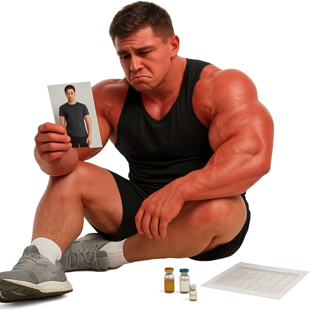 realistic young athlete with disproportionate physique and red skin, looking at photo of himself before cycle with sad expression, anabolic vials and dosage chart on floor, isolated on white background, 4K quality emoji