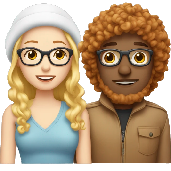 Red haired man blonde hair woman white couple kissing. Woman long hair with beanie. Man curly hair with glasses. emoji