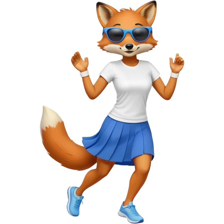 friendly anthropomorphised female fox in skirt and t-shirt, wearing dark sunglasses, jogging upright in relaxed pose emoji