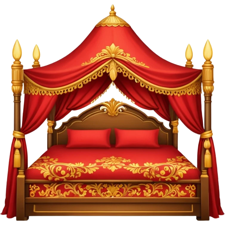 bed with red and gold sheets, wooden, canopy emoji