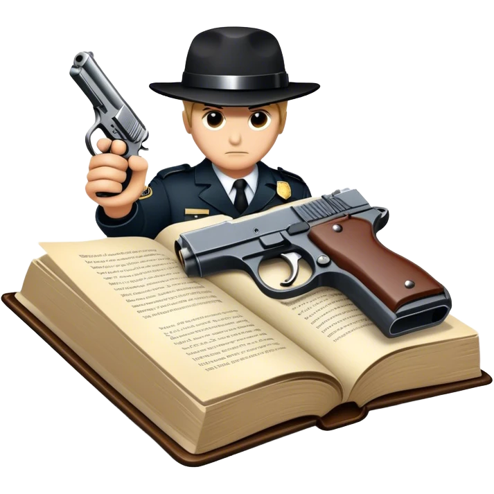Icon for Action & Crime Reading: an open book with dramatic action scenes, surrounded by a gun, handcuffs, a badge, and a shadowy figure. The icon should evoke suspense, danger, and intrigue of crime and action stories. Transparent background. emoji