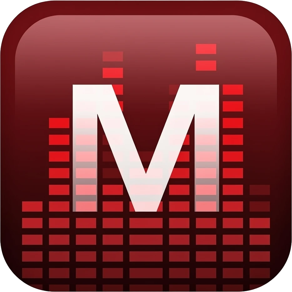 Horizontal graphic sticker. Minimal geometric "M" followed by sleek horizontal red equalizer bars building up to a bright red square. Dark theme, high-end brand design. emoji