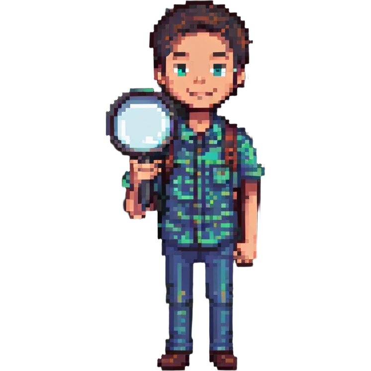 young man with magnifying glass, curious and cheerful expression, pixel art style emoji