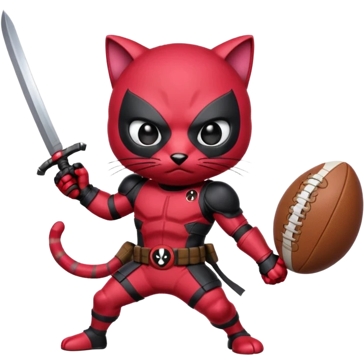 Epic cat ninja with two swords  with bubble gum hand looking like Deadpool holding a football with the egg ready for some action  emoji
