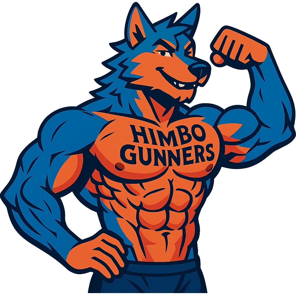 extremely muscular, attractive, and detailed wolf furry, shirtless, with 'Himbo Gunners' tattoo across chest, flexing, confident, with intricate fur and muscle definition emoji