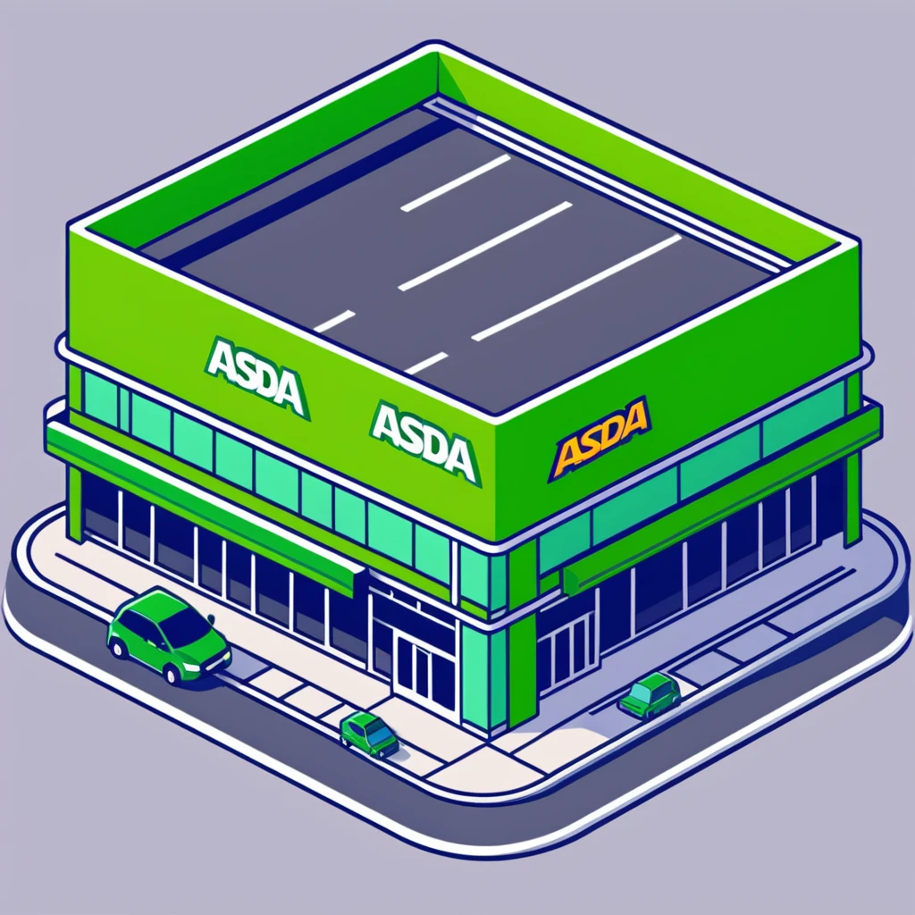 Isometric ASDA supermarket exterior with green facade, click and collect pickup point, and British number plate cars in car park emoji