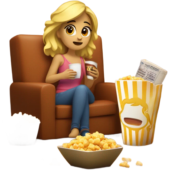 chica rubia viendo peliculas con palomitas y con su gato negro en el sofa de su casa emoji
