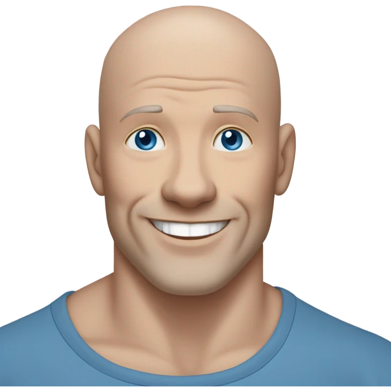 bald white mature man no beard blue eyes and blue tshirt Hugging large gray smiling pit bull emoji