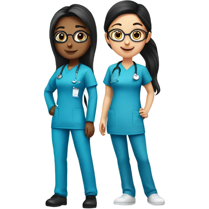Two Best friend nurses in blue scrubs. one girl has glasses with black hair in a pony tail. The other girl has long hair but no glasses emoji