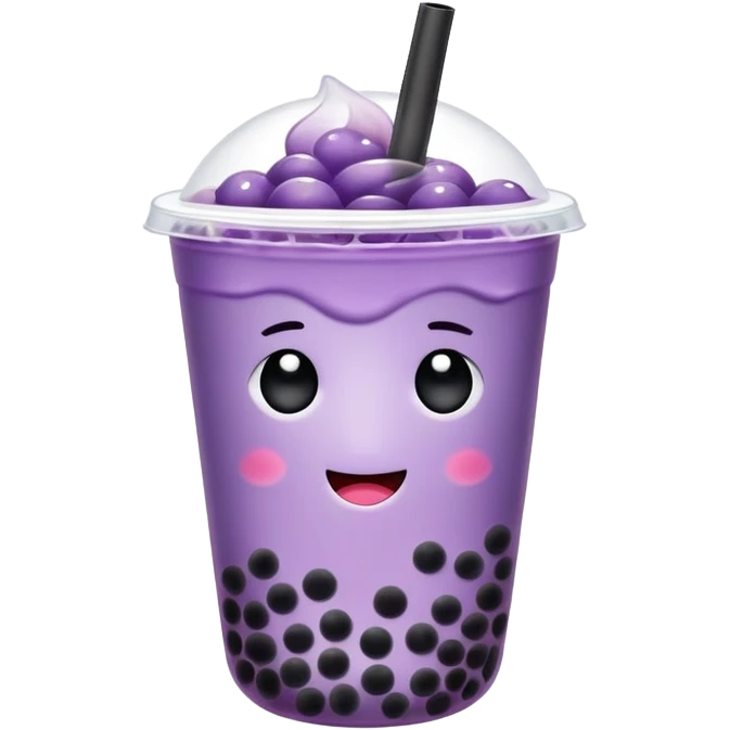 Purple bubble tea cup with a cute face and black tapioca pearls inside emoji