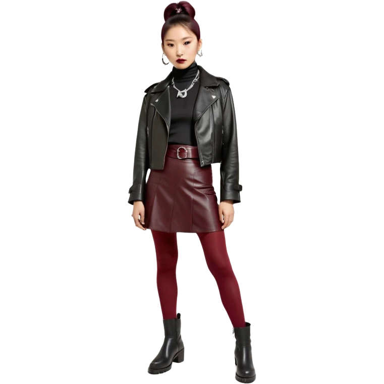 Apple emoji style. Full-body East Asian woman with a single sleek bun below the ears. Oversized hip-length black leather jacket, black turtleneck, silver Vivienne Westwood orb necklace. Low-waist A-line burgundy leather skirt, burgundy tights, red long boots. emoji