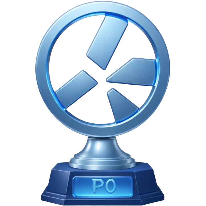 Platinum trophy with a silver base and a glowing blue PlayStation symbol emoji