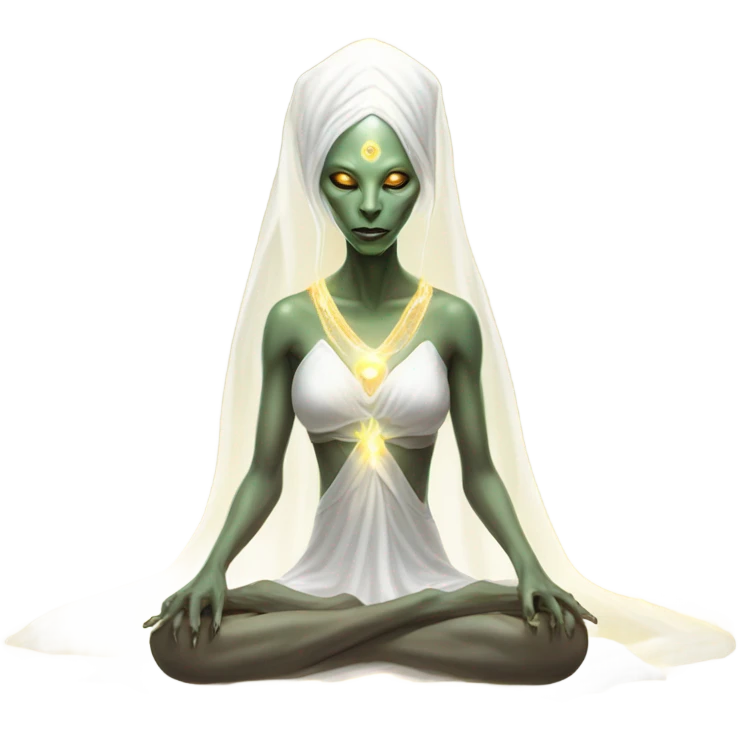 a Reptilian alien woman, white dress like a priestess, in meditation show aura emoji
