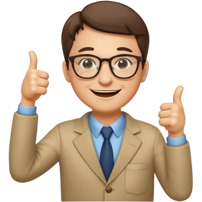 un PROFESOR que este parado con sus lentes guiñando el ojo y CON LAS MANOS HACIA ARRIBA DANDO LIKE emoji