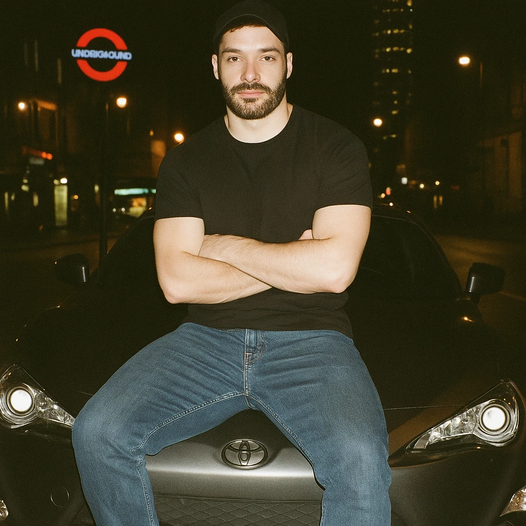 Grunge-style analog photo, London 2025, person inspired by the new reference image sitting on the hood of a Nissan GT 86, model pose, black t-shirt, jeans, Nike Air Jordan low, using flash, city lights, analog grain, 2/8. emoji