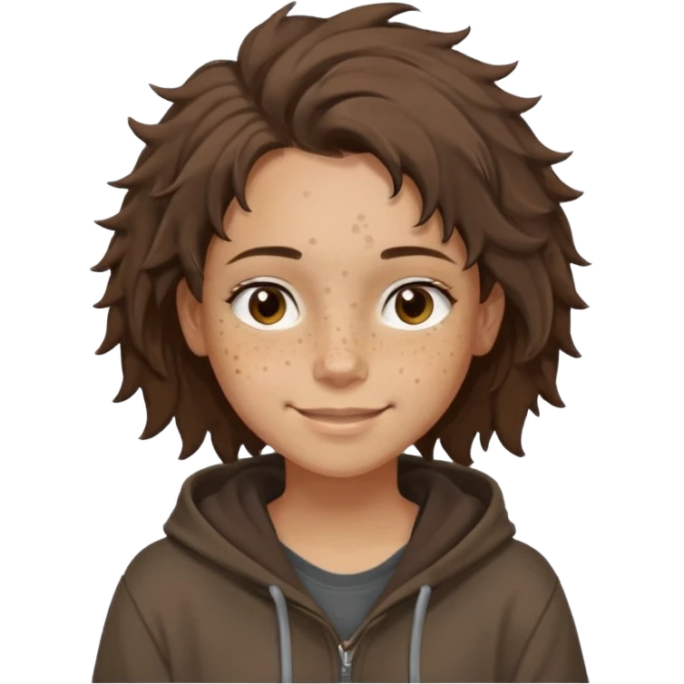 Hobo tomboy with light skin, freckles, dark brown shoulder-length hair in a messy style. Brown eyes, dark brown hoodie, brown shirt. emoji