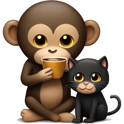 Coffee-colored monkey drinking coffee hugging black cat carrying a cake emoji