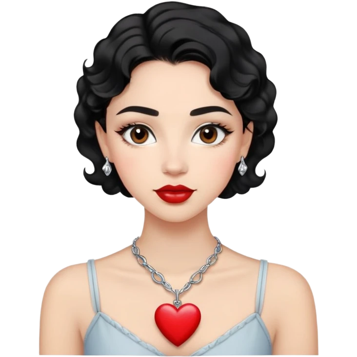 Young woman with light skin, wavy black hair, oval face, black almond eyes, defined brows, soft red lips, wearing a silver heart necklace. Delicate, charming and friendly look. emoji