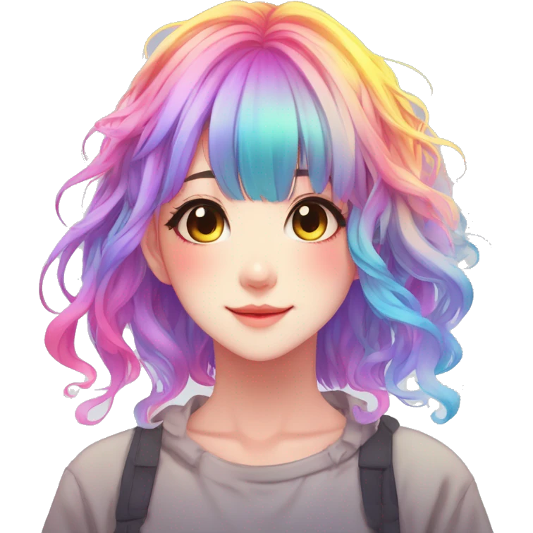 Gorgeous anime style shojo character with blushing face aesthetic and pretty colorful shiny gradient neon rainbow hair with hair garment trending style emoji