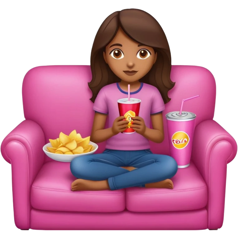 home brown girl with plate of chips and soda drink, sitting at the pink sofa emoji