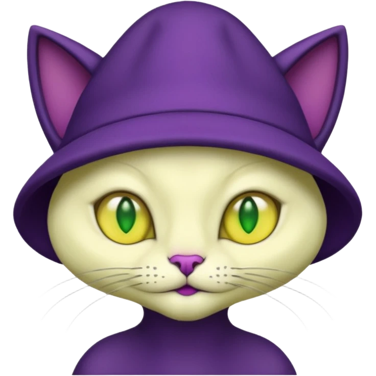 dark purple alien cat with no fur and yellow hat and green eyes emoji