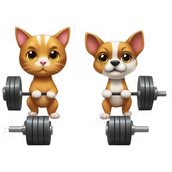 A cute cat and a cute dog doing Olympic weightlifting snatch with a barbell emoji