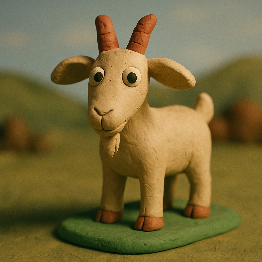 goat standing on grass, visible fingerprints, matte plasticine look, claymation style emoji