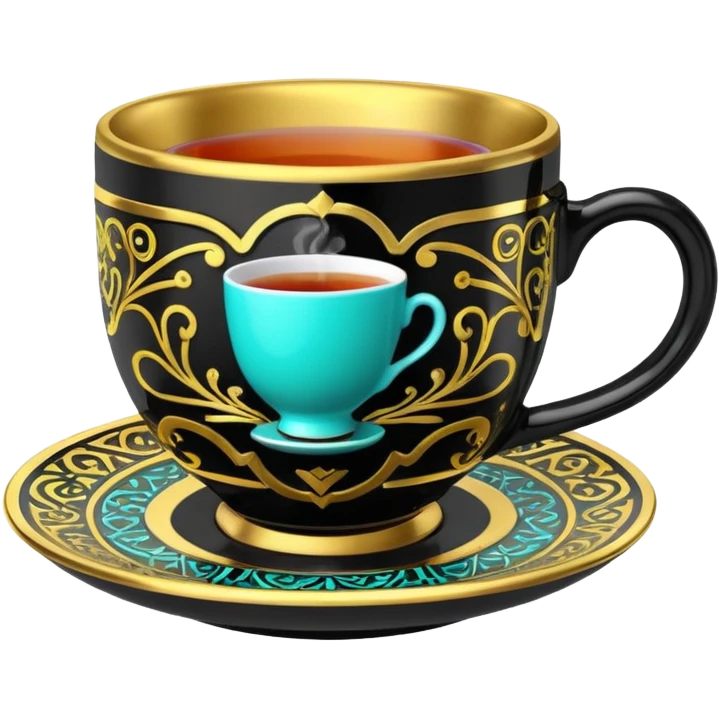  Futuristic cyberpunk neon colors, tea cup with black and 14k gold pattern print emoji