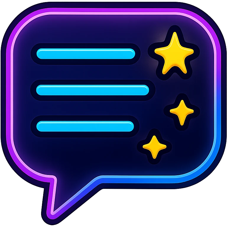 animated lyrics icon with dark purple, blue, and black base, bright accents, complex gradients, stars, bright neon border, modern recognizable abstract lyrics symbol, subtle glowing and moving stars neon effects, sophisticated futuristic style emoji
