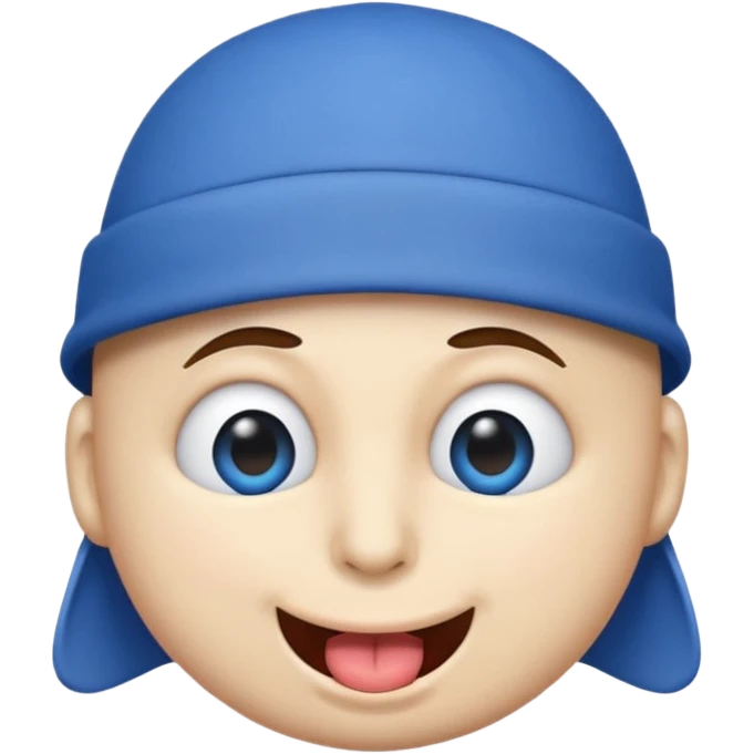 An emoji with a blue hat on its head and 1 blink and tongue sticking out emoji