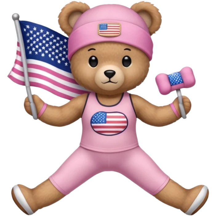 osito de peluche cafe claro con ropita rosa claro y estapado de la bandera de usa y otro con una liga de pilates en la cabeza y con ropa deportiva emoji