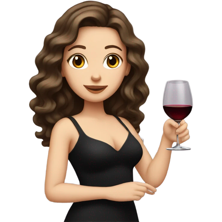 white girl with wavy brunette hair, holding a glass of wine while wearing a black dress emoji