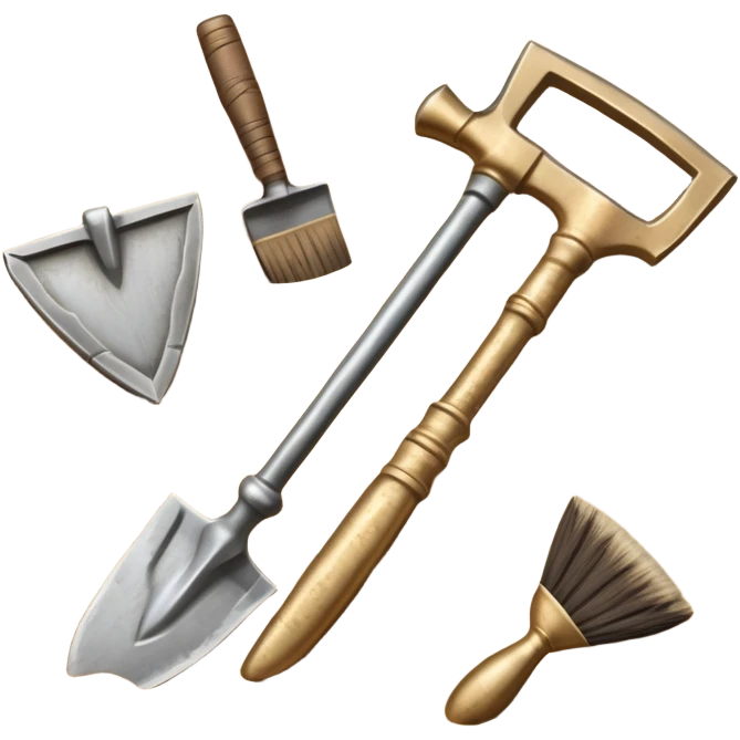 An icon showing archaeological tools—trowel, brush, and pickaxe—laid out on the sand, with the ancient Karnak temple ruins in the background. The design symbolizes exploration and discovery of ancient Egyptian history. Transparent background emoji