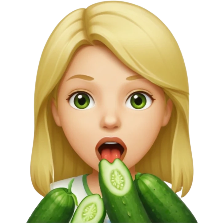 Girl mouth open. Cucumber going into her mouth straight. dirty blonde hair emoji