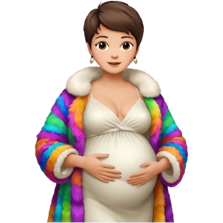 pregnant stylish woman with short pixie brunette hair happily touching her big belly while wearing white gown and fancy fur coat and colorful shades emoji
