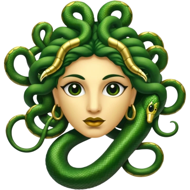 The Sicilian Medusa in gold and green and make the snake hair have snake faces  emoji