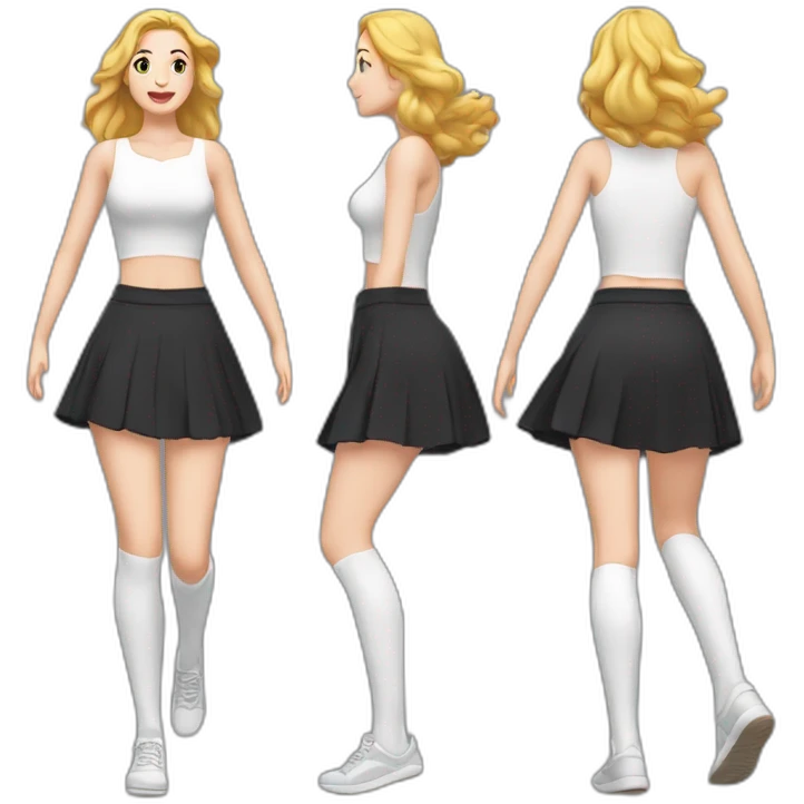 full-body-caucasian-curvy-beauty-jumping-short-black-skirt-back-and-front-views-strong-wind-knickers-long-white-socks emoji