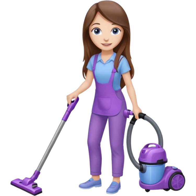 beautiful girl with long brown hair, blue eyes and wearing light purple clothes, cleaning and vacuuming emoji