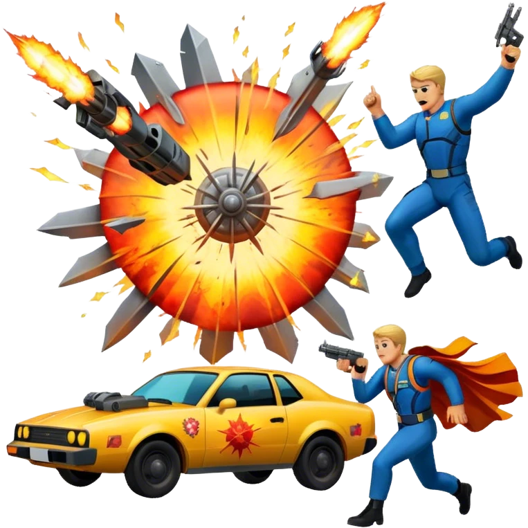 Icon for Action Movies Collage: Collage of iconic action movie elements, including explosions, a hero with weapons, a high-speed chase, and dramatic fight scenes. The design should be dynamic, colorful, and full of energy, capturing the essence of action films. Transparent background. emoji