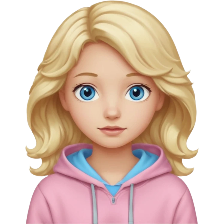 Generate a blonde girl with blue eyes with wavy hair in a pastel pink hoodie  emoji