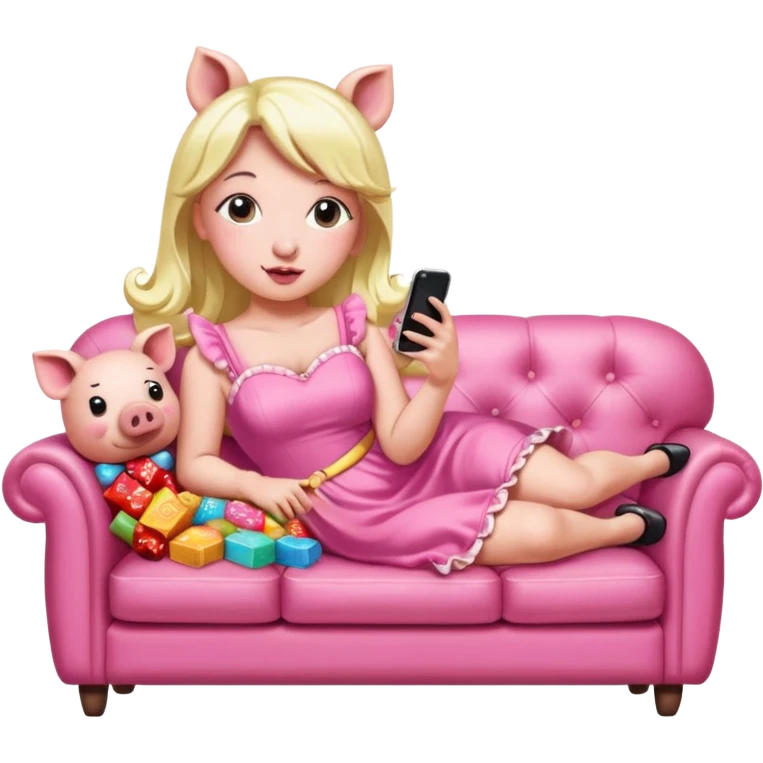 lady pig wearing pink kawaii dress reclining on couch scrolling on an iphone and eating candy pop art portrait emoji