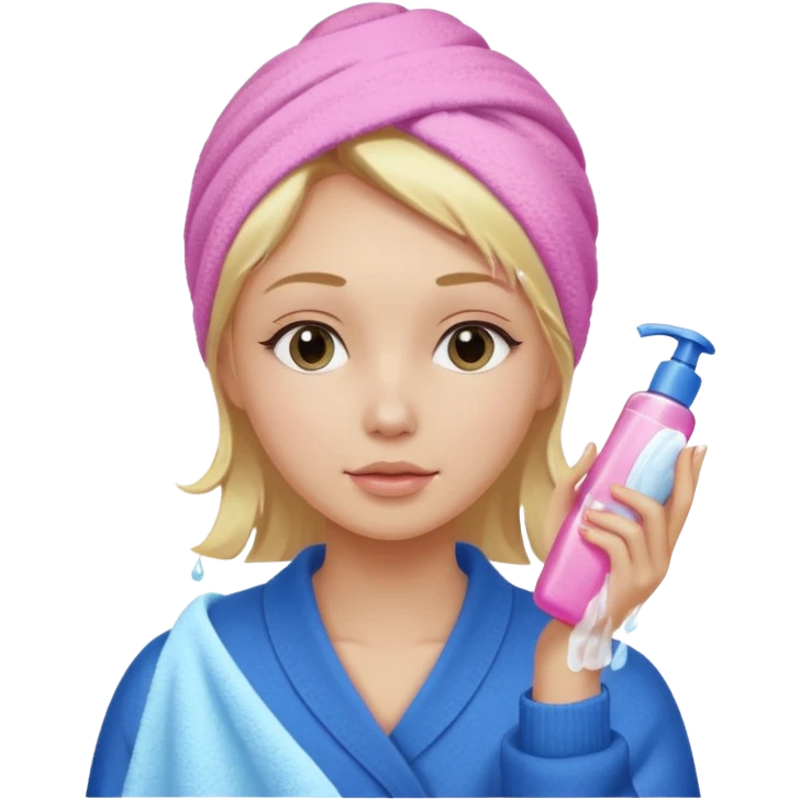 A girl grabbing a pink serum with a towel in blonde hair with a white shower towel in her hair with skincare on her face dressed in a blue sweater emoji