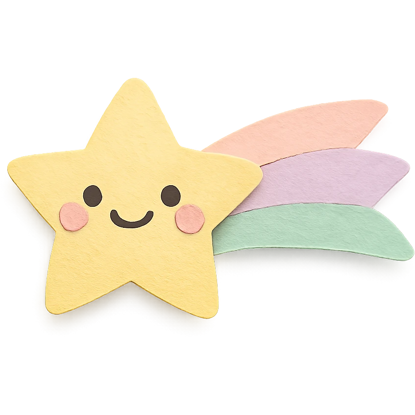 kawaii soft yellow shooting star with smiling face and pastel trail, no arms, no legs, full body, soft pastel kawaii paper craft style emoji