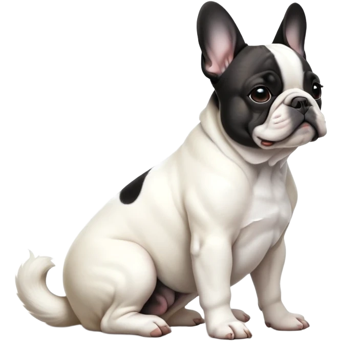 cinematic-[french bulldog]-realistic-full-body-sitting-emoji,-tail-resting-loosely-beside-its-paws,-head-tilted-dramatically,-sleek-[black ant whitepied]-fur,-simplified-yet-realistic-focused-features,-highly-detailed,-glowing-with-an-almost-sarcastic-glow emoji