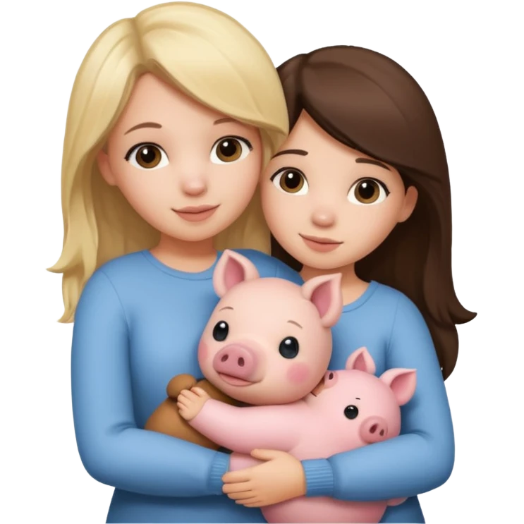 Girlfriends, blonde and brunette, hugging a teddy bear and a little pig emoji