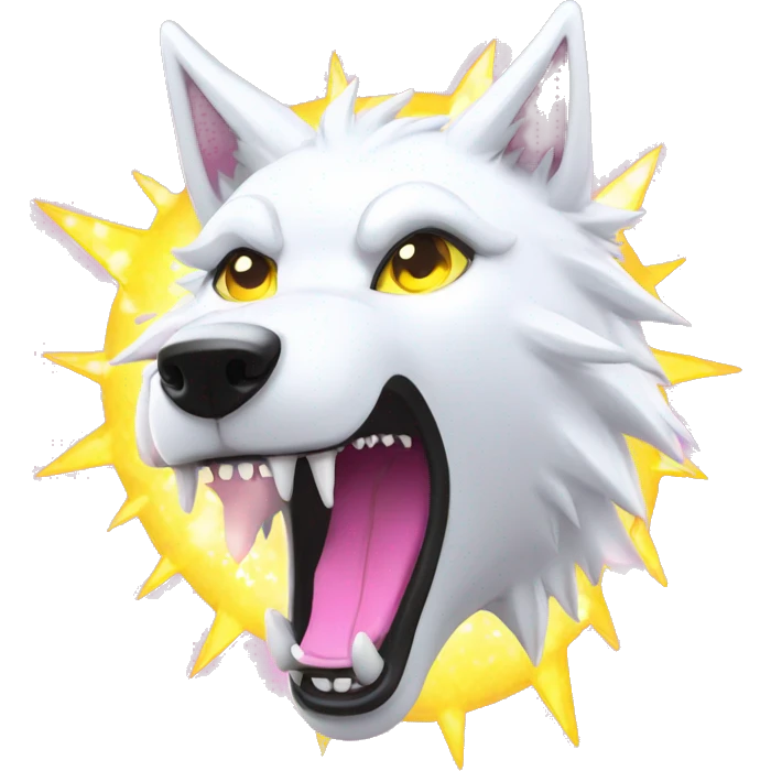 Lightning running sparkling glitter white wolf snarling huge eyes sun halo black white pink red yellow emoji