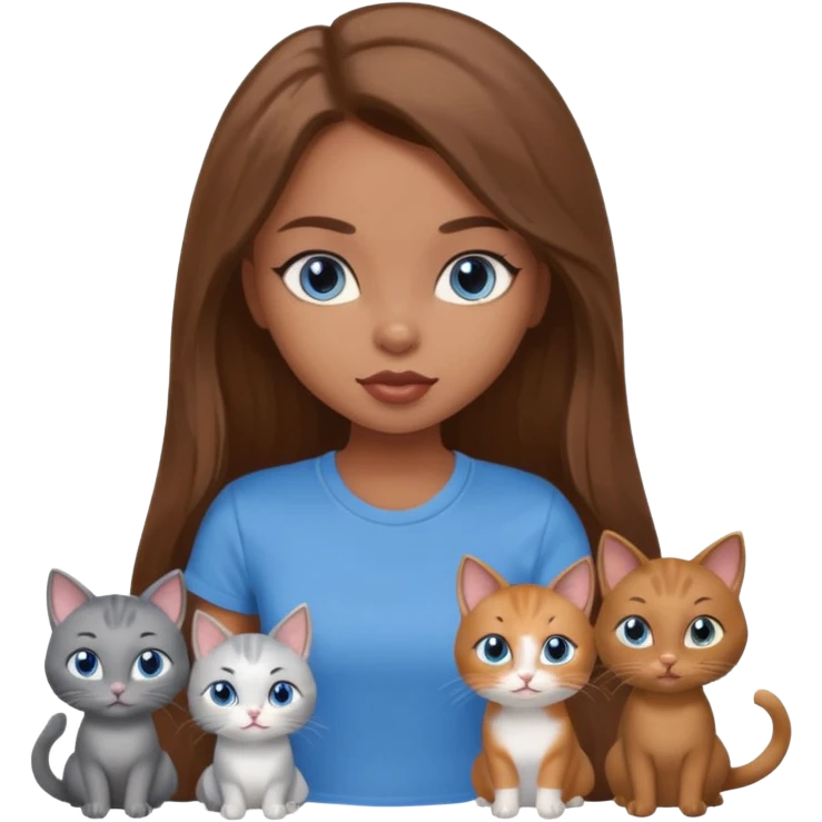 a pretty bratz dusky girl with long brown hair, blue eyes with six cats nd wearing a grey tshirt emoji